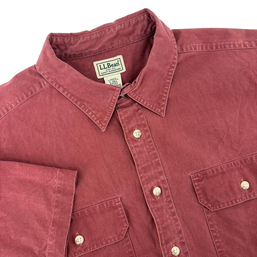 LL Bean Mens Large Tall Short Sleeve Button Down Shirt Burgundy Red Cotton 0FCX1
